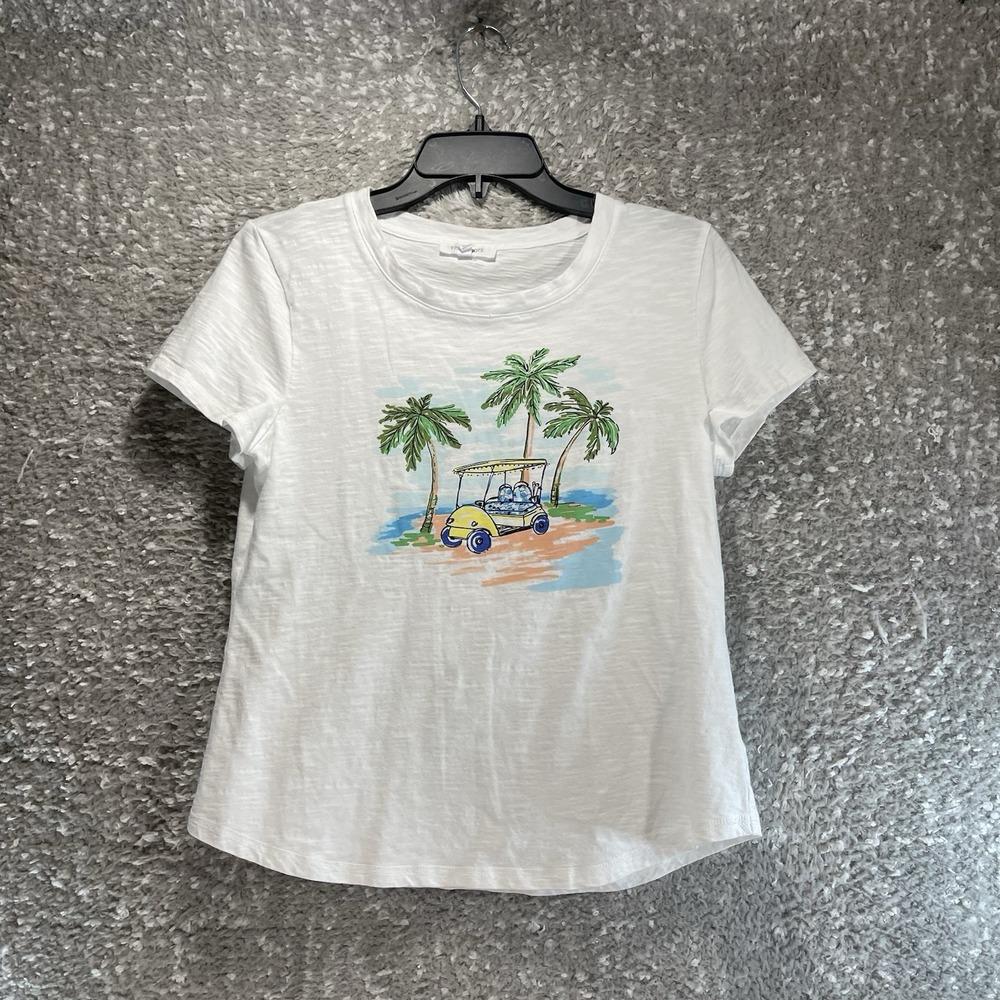 T By Talbots Cotton White Short-Sleeve Tee Golf Car Print Casual Preppy Petite M